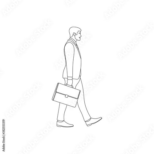 Office executive walking and holding briefcase line art. Man in suit carrying suitcase. CEO lifestyle. Career path. Businessman outline sign. Business linear icon concept. Worker vector illustration.