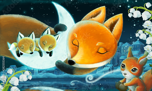 cartoon image with animals family of foxes in forest sleeping by night illustration