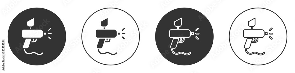 Black Paint spray gun icon isolated on white background. Circle button. Vector Illustration. Black Paint spray gun icon isolated on white background. Circle button. Vector Illustration.