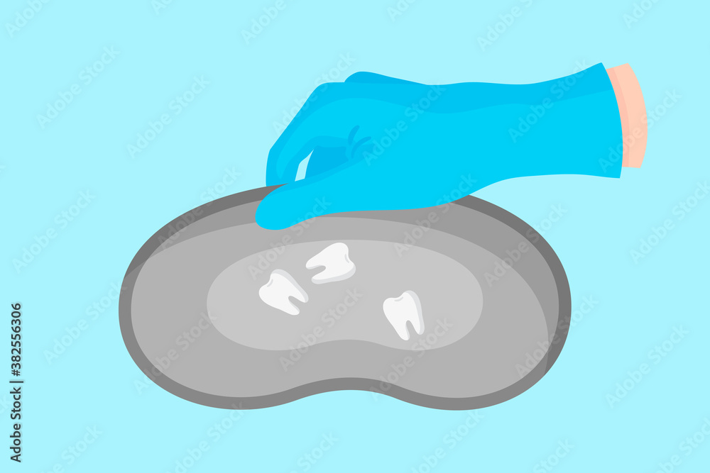 Vector cartoon hand of a dentist in a blue glove that hold a dental metal tray for storing instruments with white teeth.