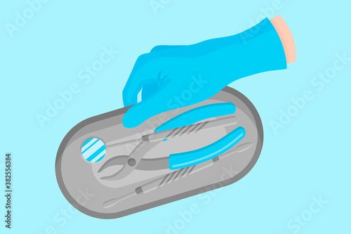 Vector cartoon hand of a dentist in a blue glove that hold a dental metal tray for storing instruments with a mirror etc