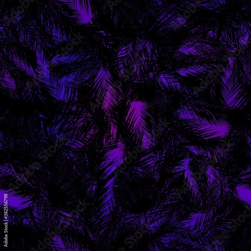 Seamless Miami night tropical pattern black foliage on sunset blur. High quality illustration. Swim  sports  or resort wear repeat print. Dark foreground on blurred background. Dark vibrant colors.