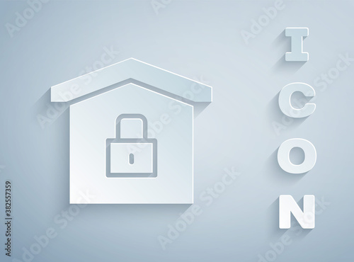 Paper cut House under protection icon isolated on grey background. Home and lock. Protection, safety, security, protect, defense concept. Paper art style. Vector Illustration.