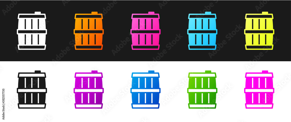 Set Wooden barrel icon isolated on black and white background. Alcohol barrel, drink container, wooden keg for beer, whiskey, wine. Vector. Set Wooden barrel icon isolated on black and white background. Alcohol barrel, drink container, wooden keg for beer, whiskey, wine. Vector.
