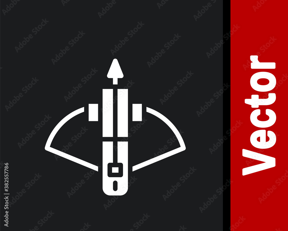 White Battle crossbow with arrow icon isolated on black background. Vector. White Battle crossbow with arrow icon isolated on black background. Vector.