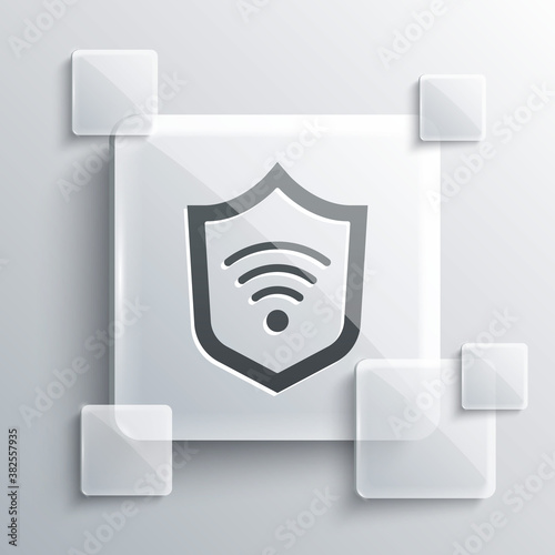 Grey Shield with WiFi wireless internet network symbol icon isolated on grey background. Protection safety concept. Square glass panels. Vector.
