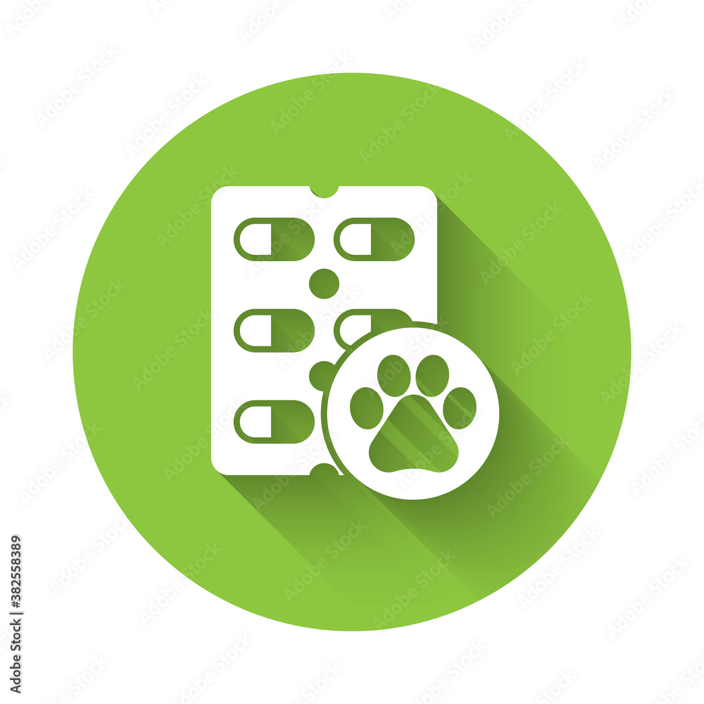 White Dog pill icon isolated with long shadow. Prescription medicine for animal. Green circle button. Vector. White Dog pill icon isolated with long shadow. Prescription medicine for animal. Green circle button. Vector.