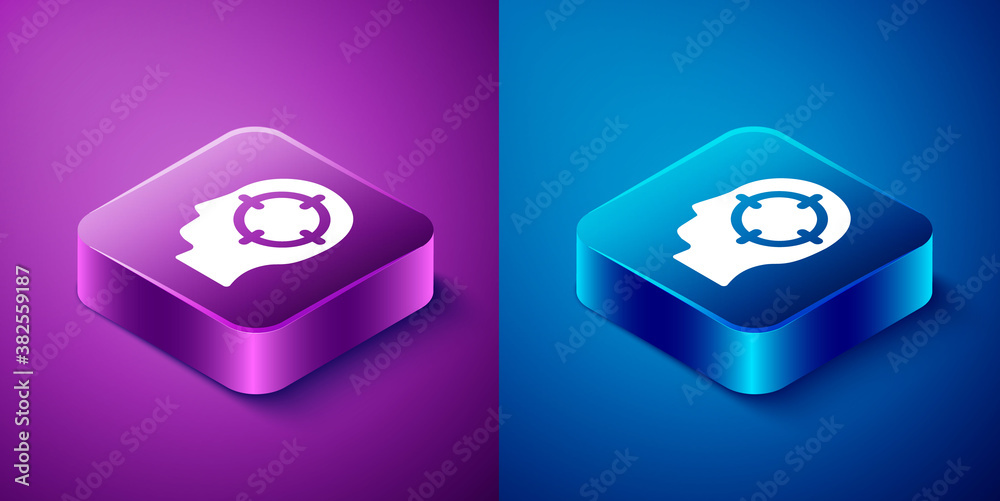 Isometric Head hunting icon isolated on blue and purple background. Business target or Employment sign. Human resource and recruitment for business. Square button. Vector. Isometric Head hunting icon isolated on blue and purple background. Business target or Employment sign. Human resource and recruitment for business. Square button. Vector.