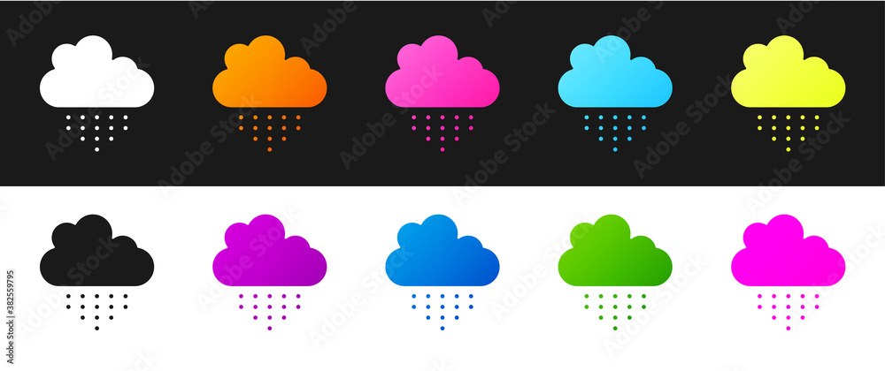 Set Cloud with rain icon isolated on black and white background. Rain cloud precipitation with rain drops. Vector.