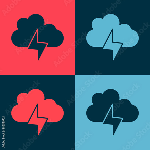 Pop art Storm icon isolated on color background. Cloud and lightning sign. Weather icon of storm. Vector.