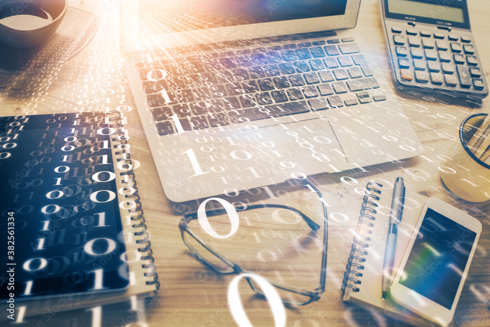 Double exposure of table with computer on background and data theme drawing. Concept of innovation. Double exposure of table with computer on background and data theme drawing. Concept of innovation.