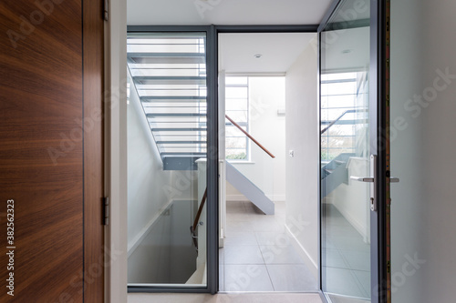 Interior stairwell of a modern office.