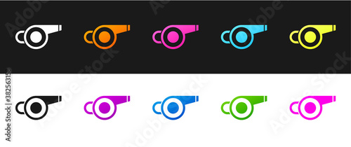 Set Whistle icon isolated on black and white background. Referee symbol. Fitness and sport sign. Vector.