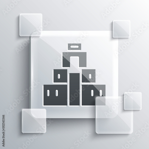 Grey Chichen Itza in Mayan icon isolated on grey background. Ancient Mayan pyramid. Famous monument of Mexico. Square glass panels. Vector.