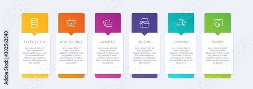 Concept of shopping process with 6 successive steps. Six colorful graphic elements. Timeline design for brochure, presentation, web site. Infographic design layout.
