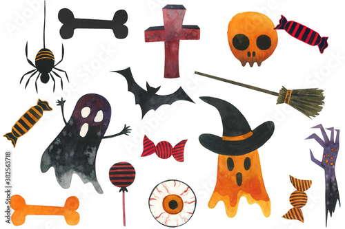 Clipart of watercolor objects for halloween, ghosts, pumpkins, skull, bat, objects on a white background