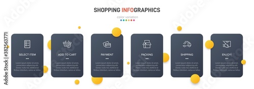 Concept of shopping process with 6 successive steps. Six colorful graphic elements. Timeline design for brochure, presentation, web site. Infographic design layout.