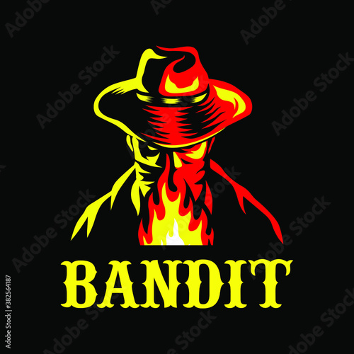 Bandit Cowboy with Scarf Mask and fire, Design element for logo, poster, card, banner, emblem, t shirt. Vector illustration