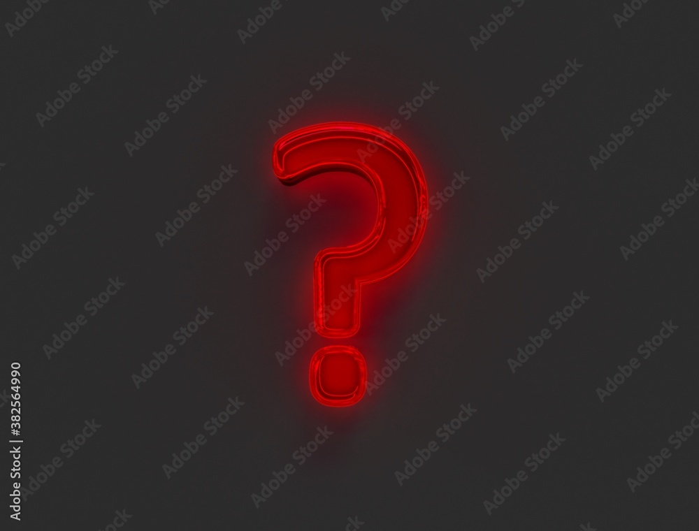 Red shine neon light glow glassy font - question mark isolated on grey background, 3D illustration of symbols Red shine neon light glow glassy font - question mark isolated on grey background, 3D illustration of symbols