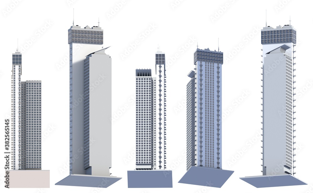 5 view from below renders of fictional design city skyscrapers block of flat towers with sky reflections - isolated on white, 3d illustration of architecture 5 view from below renders of fictional design city skyscrapers block of flat towers with sky reflections - isolated on white, 3d illustration of architecture
