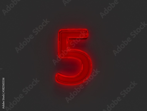 Red shiny neon light glow glassy font - number 5 isolated on grey background, 3D illustration of symbols