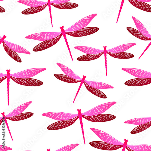 Dragonfly decorative seamless pattern. Summer clothes textile print with darning-needle insects. 