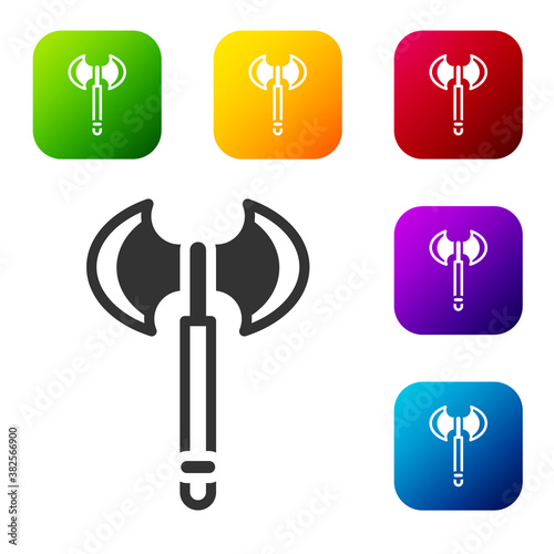 Black Medieval axe icon isolated on white background. Battle axe, executioner axe. Medieval weapon. Set icons in color square buttons. Vector.