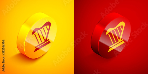 Isometric Harp icon isolated on orange and red background. Classical music instrument, orhestra string acoustic element. Circle button. Vector.