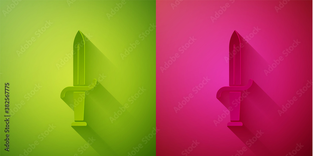 Paper cut Dagger icon isolated on green and pink background. Knife icon. Sword with sharp blade. Paper art style. Vector. Paper cut Dagger icon isolated on green and pink background. Knife icon. Sword with sharp blade. Paper art style. Vector.
