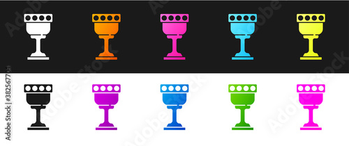 Set Medieval goblet icon isolated on black and white background. Holy grail. Vector.