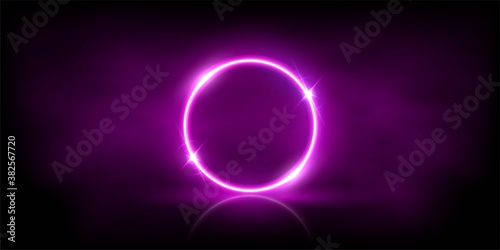 Glowing neon pink circle with sparkles in fog abstract background. Round electric light frame. Geometric fashion design vector illustration. Empty minimal ring art decoration