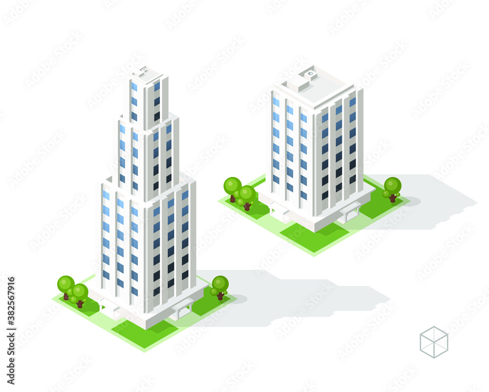 Isometric High Quality City Building with Shadows on Background . Isolated Vector Elements