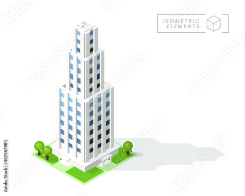 Isometric High Quality City Building with Shadows on Background . Isolated Vector Elements