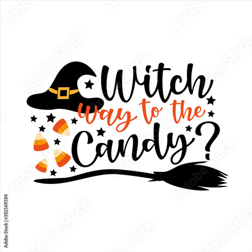 Witch Way To The Candy?- funny slogan for Halloween, with broom candys, and witch's hat.