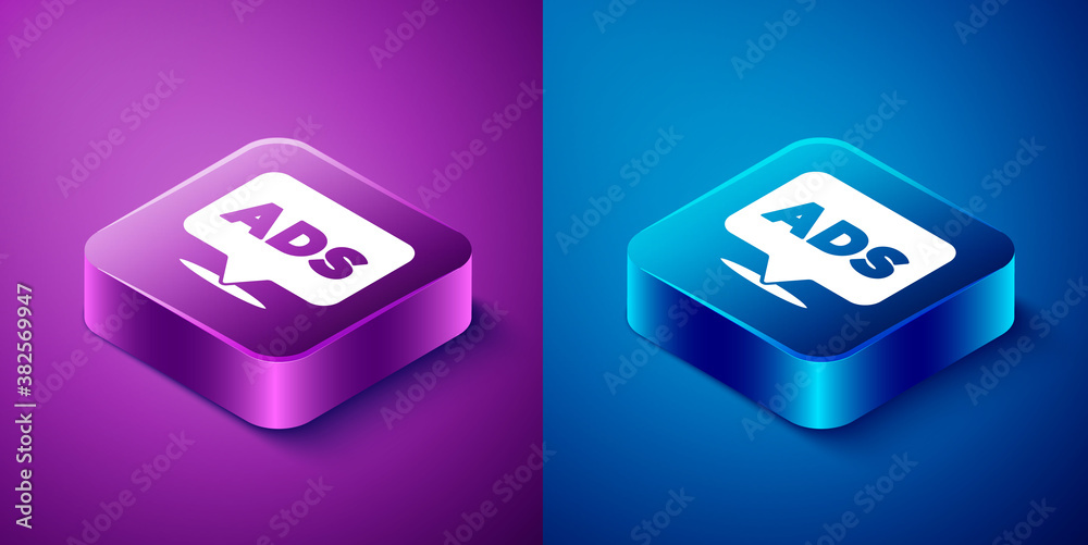 Isometric Advertising icon isolated on blue and purple background. Concept of marketing and promotion process. Responsive ads. Social media advertising. Square button. Vector. Isometric Advertising icon isolated on blue and purple background. Concept of marketing and promotion process. Responsive ads. Social media advertising. Square button. Vector.