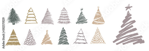 Christmas tree hand drawn illustrations. Vector.	