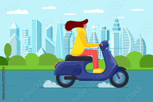 Female riding retro style scooter on modern city park. Woman drives blue moped on street. Girl vintage motorcycle driver. Hipster on bike life in motion lifestyle vector eps illustration