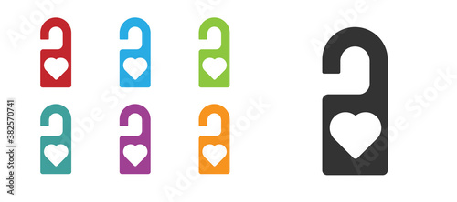 Black Please do not disturb with heart icon isolated on white background. Hotel Door Hanger Tags. Set icons colorful. Vector.