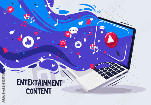 Vector illustration of a laptop with a red button of a video or music player, social network icons on the wave, entertainment content on the Internet
