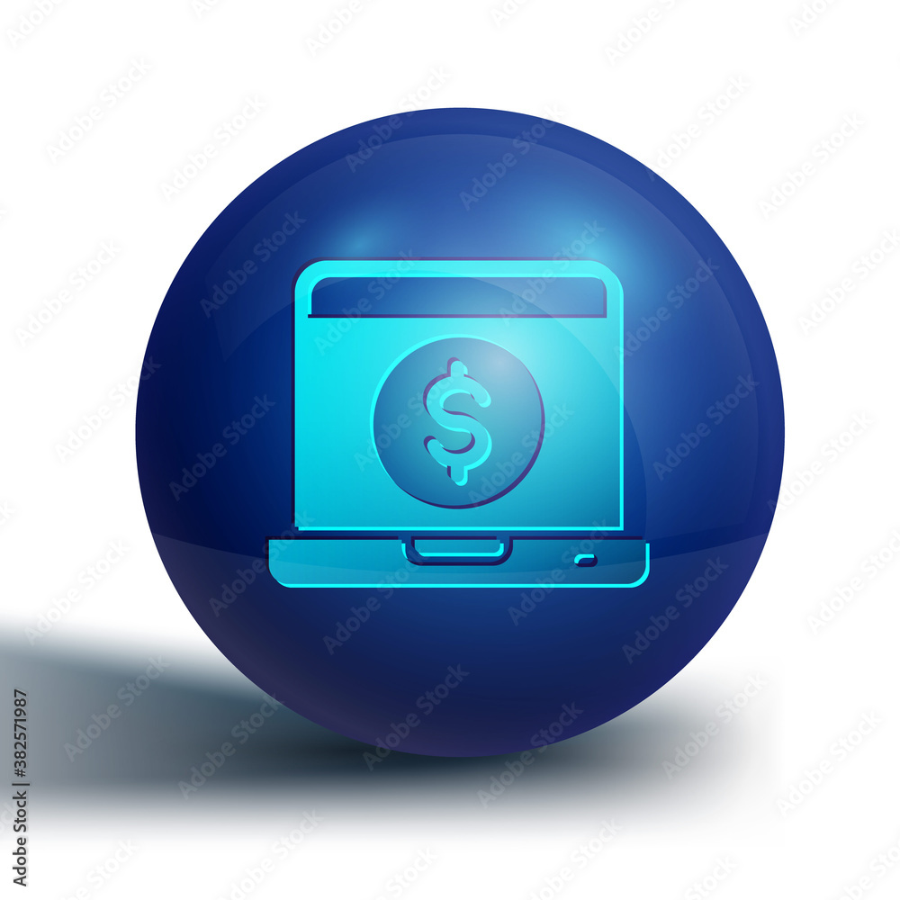Blue Laptop with dollar icon isolated on white background. Sending money around the world, money transfer, online banking, financial transaction. Blue circle button. Vector. Blue Laptop with dollar icon isolated on white background. Sending money around the world, money transfer, online banking, financial transaction. Blue circle button. Vector.