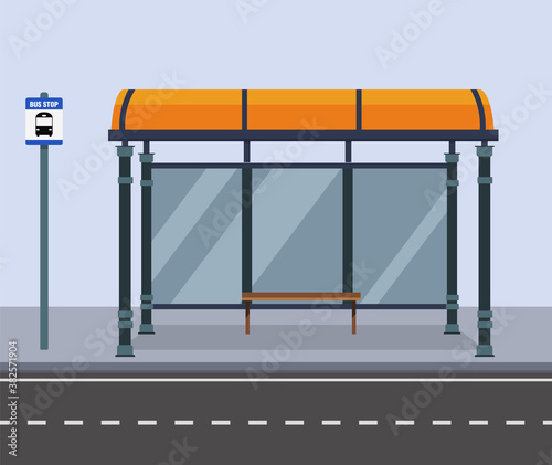 Bus stop on street city.Public road with bench and bus stop sign.Vector illustration