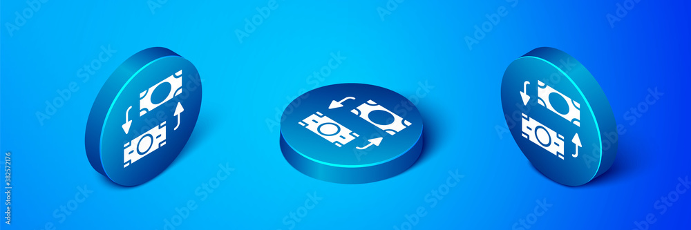 Isometric Money exchange icon isolated on blue background. Cash transfer symbol. Banking currency sign. Blue circle button. Vector. Isometric Money exchange icon isolated on blue background. Cash transfer symbol. Banking currency sign. Blue circle button. Vector.