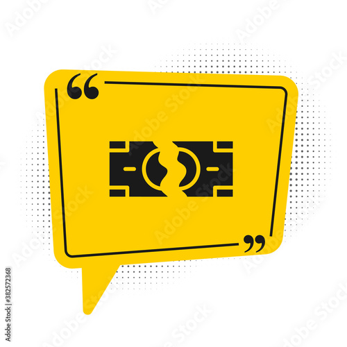 Black Tearing apart money banknote into two peaces icon isolated on white background. Yellow speech bubble symbol. Vector.