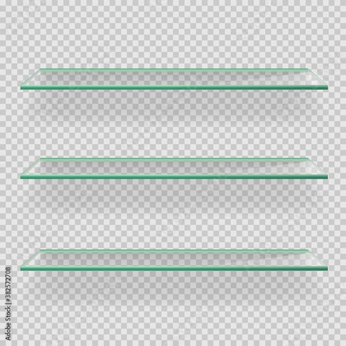 Glass empty shelves on transparent background. Modern realistic rectangle panel, surface with shadow. Design interface element vector illustration. Office bookshelf or display