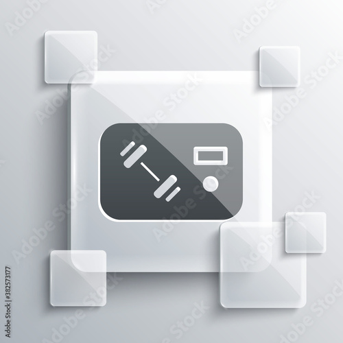Grey Fitness club, gym card icon isolated on grey background. Square glass panels. Vector.