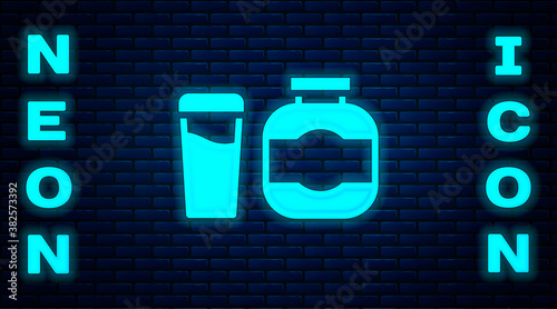 Glowing neon Sports nutrition bodybuilding proteine power drink and food icon isolated on brick wall background. Vector.