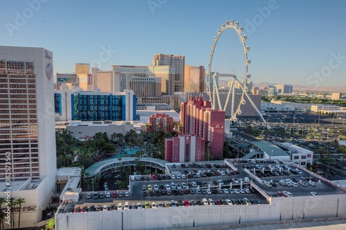 Sticker Clear desert morning view of resort casino towers and the High Roller ferris wheel attraction