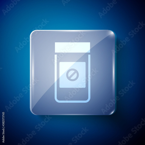 White Sports doping, anabolic drugs icon isolated on blue background. Anabolic steroids tablet. Pills in jar. Square glass panels. Vector.