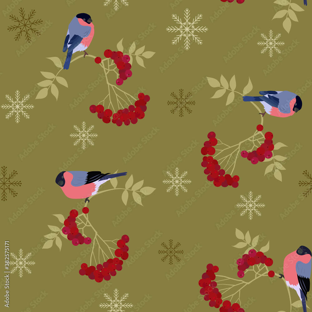 Vector seamless illustration with rowan branches, bullfinches and snowflakes.