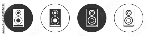Black Stereo speaker icon isolated on white background. Sound system speakers. Music icon. Musical column speaker bass equipment. Circle button. Vector.